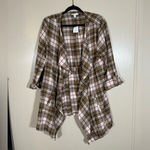 NWT Cato Plaid Waterfall Collar Open Front Cuffed Sleeve Cardigan Size XL
